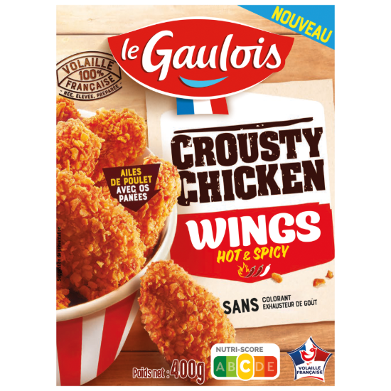 Visuel du pack des crousty chicken wings hot & Spicy Le Gaulois, élaborés avec du poulet français et notés Nutri-Score C